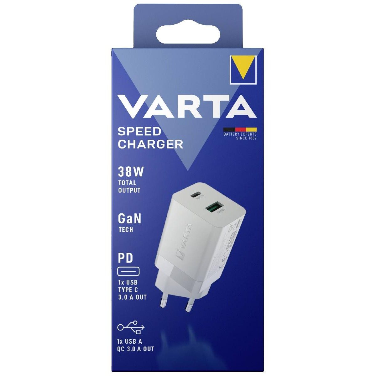 Varta fast Wall Charger 57955 38 watt 1 x USB 2,4A + USB Type C 3,0A  white