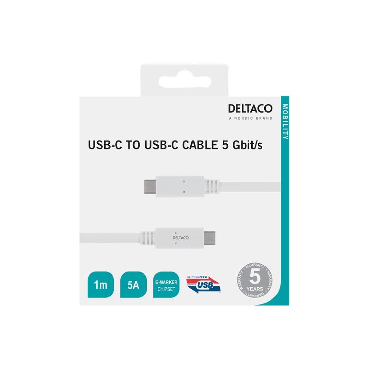 Deltaco USBC-1502M USB-C to USB-C cable 1m 5A white