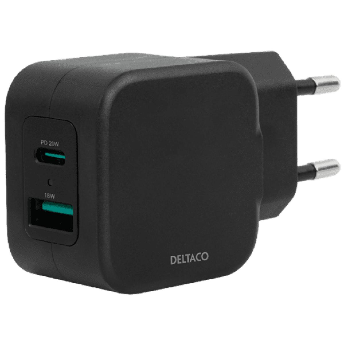 Deltaco USBC-AC148 wall charger 1x USB-A 18 W, 1x USB-C PD 20 W, black