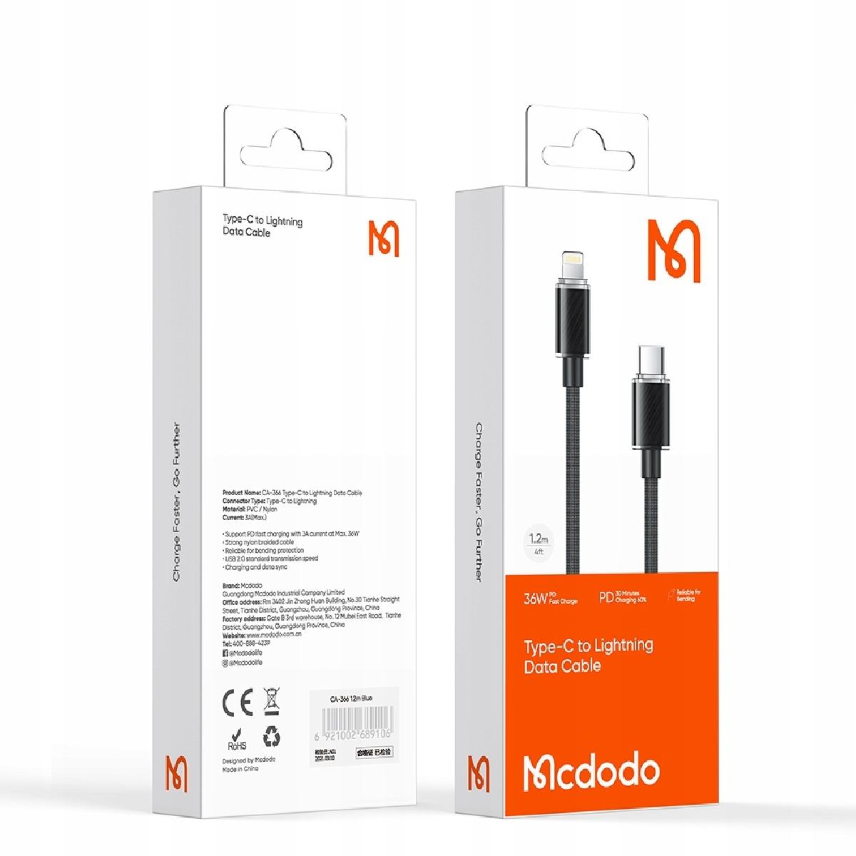 Mcdodo CA-3660 36W Type-C to Lightning Transparent Data Cable 1.2m black