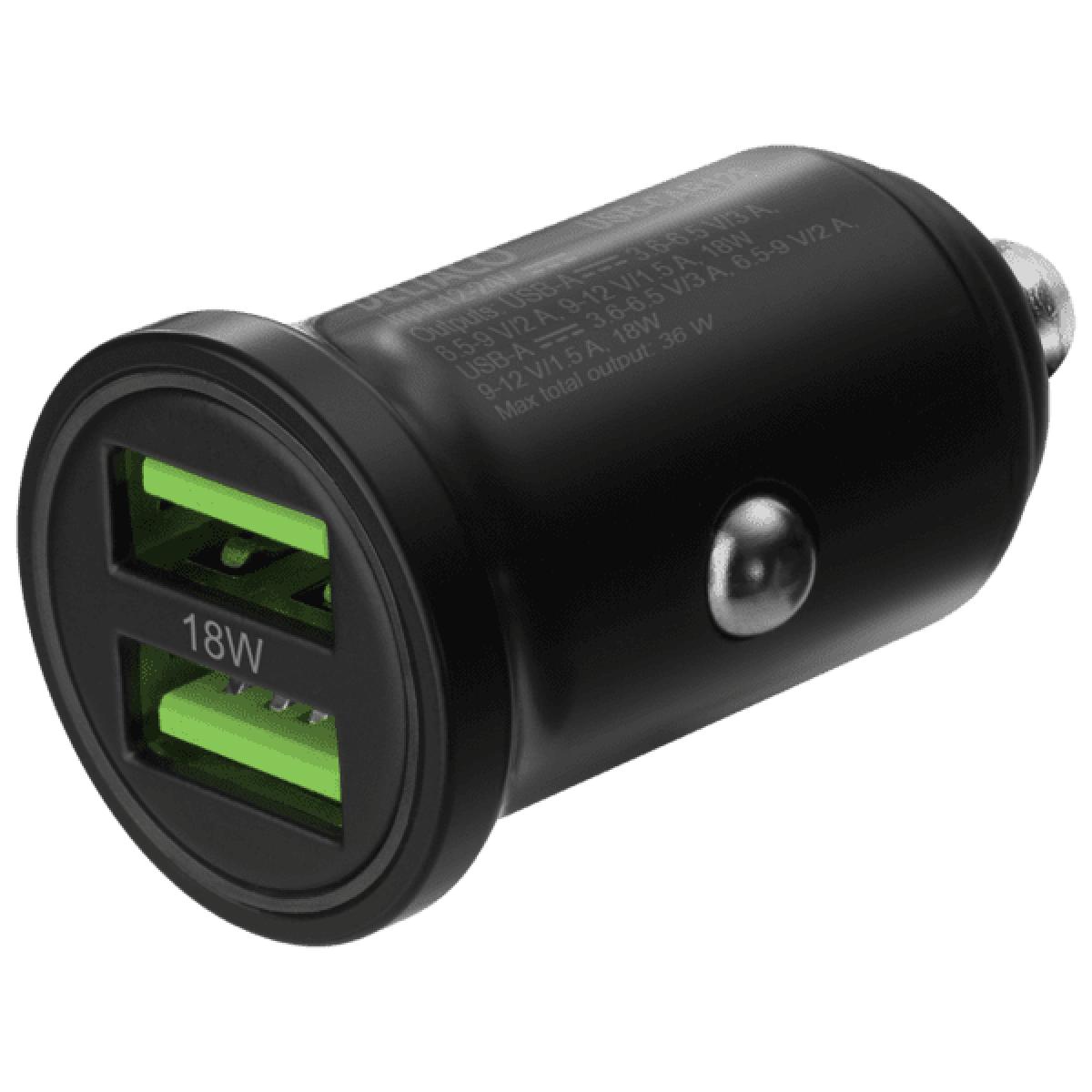 Deltaco USB-CAR128 fast charging dual usb USBA car charger 36 watt black